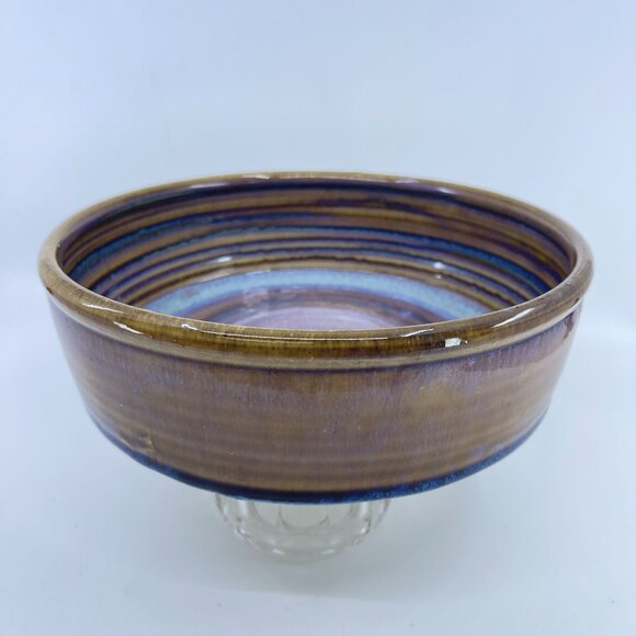handcrafted studio art pottery ceramic bowl with swirl glaze design 8 5/8" - Picture 3 of 7